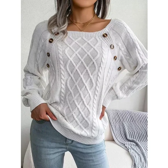 White Wide Neck Knit Pullover Sweater with Button Detail - Picture 1 of 16